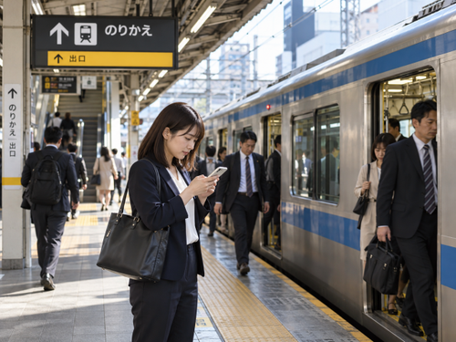 鉄道駅のホームでスマートフォンを使って乗車経路を確認する利用者