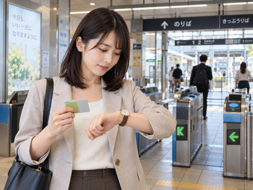 駅の自動改札口付近で交通系ICカードを持ちながら腕時計を確認する女性