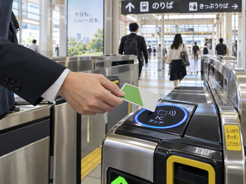 駅の自動改札機に交通系ICカードをタッチしようとする利用者