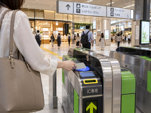 首都圏の鉄道駅で交通系ICカードを自動改札機にタッチする利用者