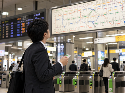 駅の路線案内板を見ながら交通系IC定期券の利用区間を確認する会社員
