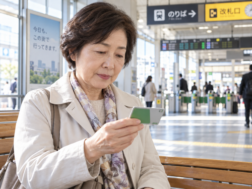 駅の待合スペースで交通系IC定期券を手に持って内容を確認する女性