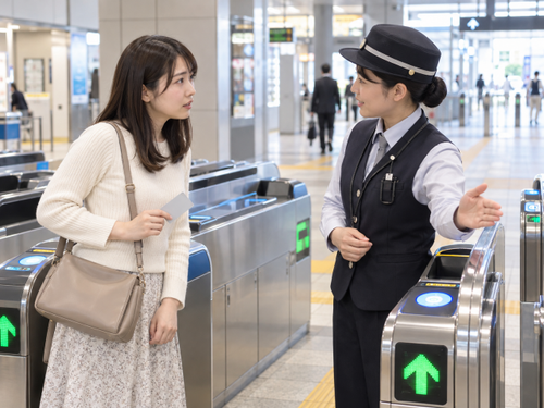 間違って改札に入った後に交通系ICカードを持って駅係員へ相談する女性