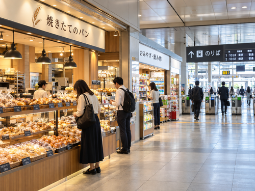 鉄道駅構内のパン屋で買い物をする利用者と駅の通路