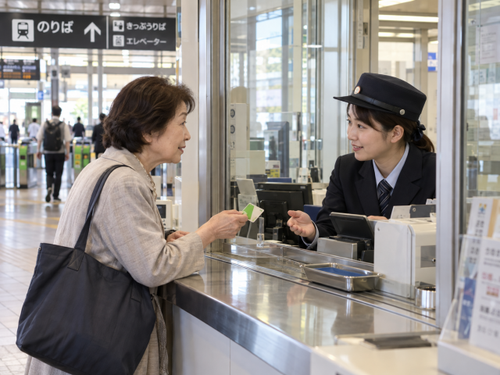 駅の有人改札窓口でICカードを提示して駅係員に相談する女性