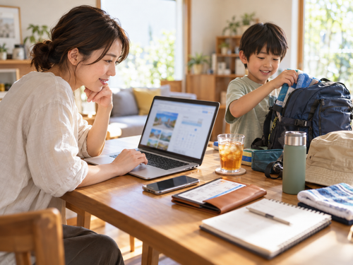 夏休みのお出かけ日程と持ち物を確認する親子