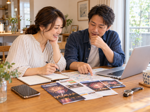 花火大会の交通手段と到着時間を自宅で比較する家族