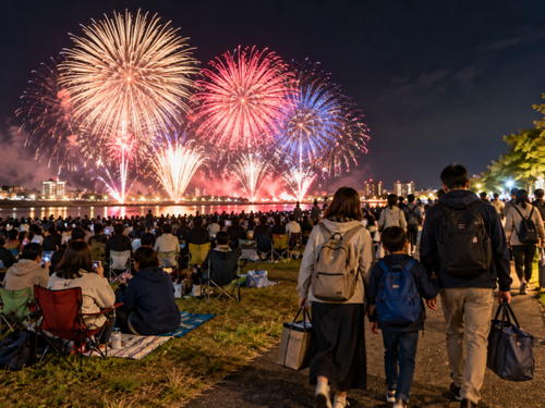 花火を最後まで観覧する人と帰宅を始める人のイメージ