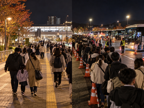 花火大会帰りに徒歩で駅へ向かう人とシャトルバスを待つ人の比較イメージ