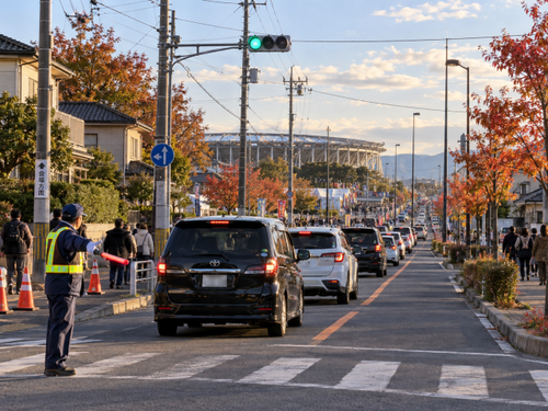 花火大会当日の会場周辺で車の混雑と交通整理が行われるイメージ