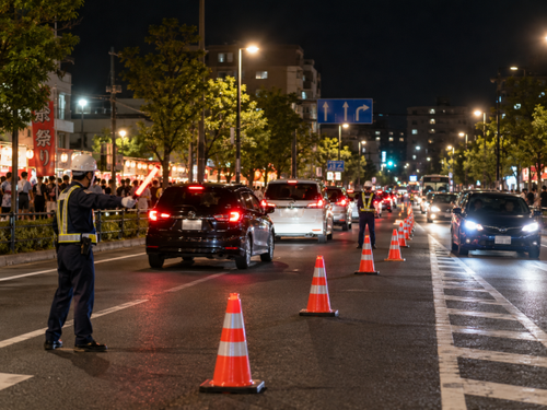 花火大会に伴う幹線道路の交通整理のイメージ