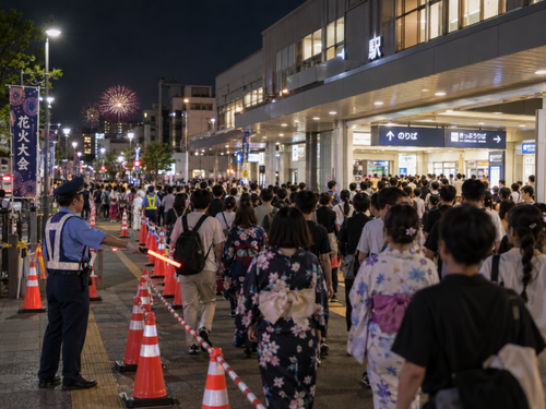 花火大会帰りの駅で歩行者が誘導を受けるイメージ